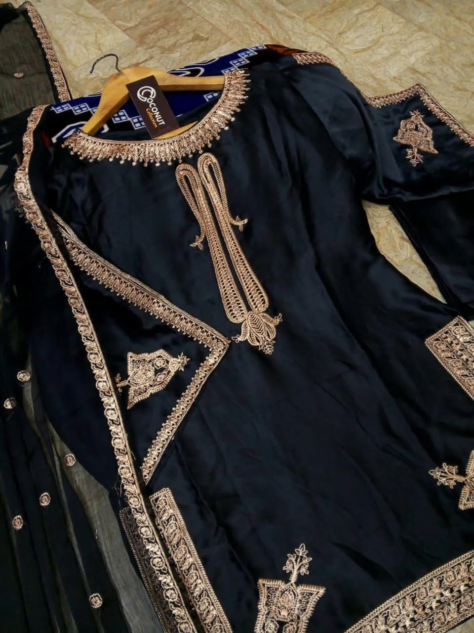 Women's Stitched Silk Embroidered Suit - 3 Pcs in Black