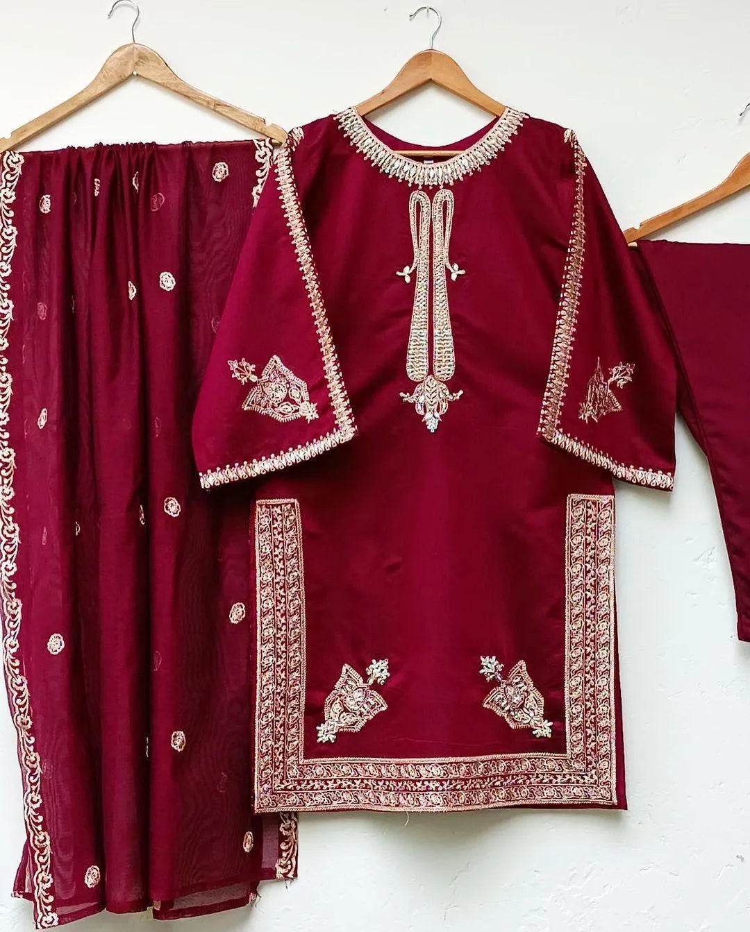 Women's Stitched Silk Embroidered Suit - 3 Pcs in Black