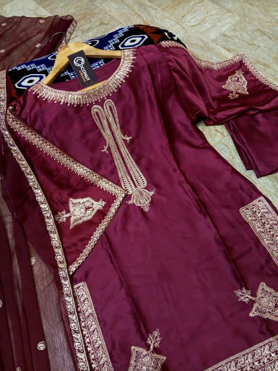 Women's Stitched Silk Embroidered Suit - 3 Pcs in Black