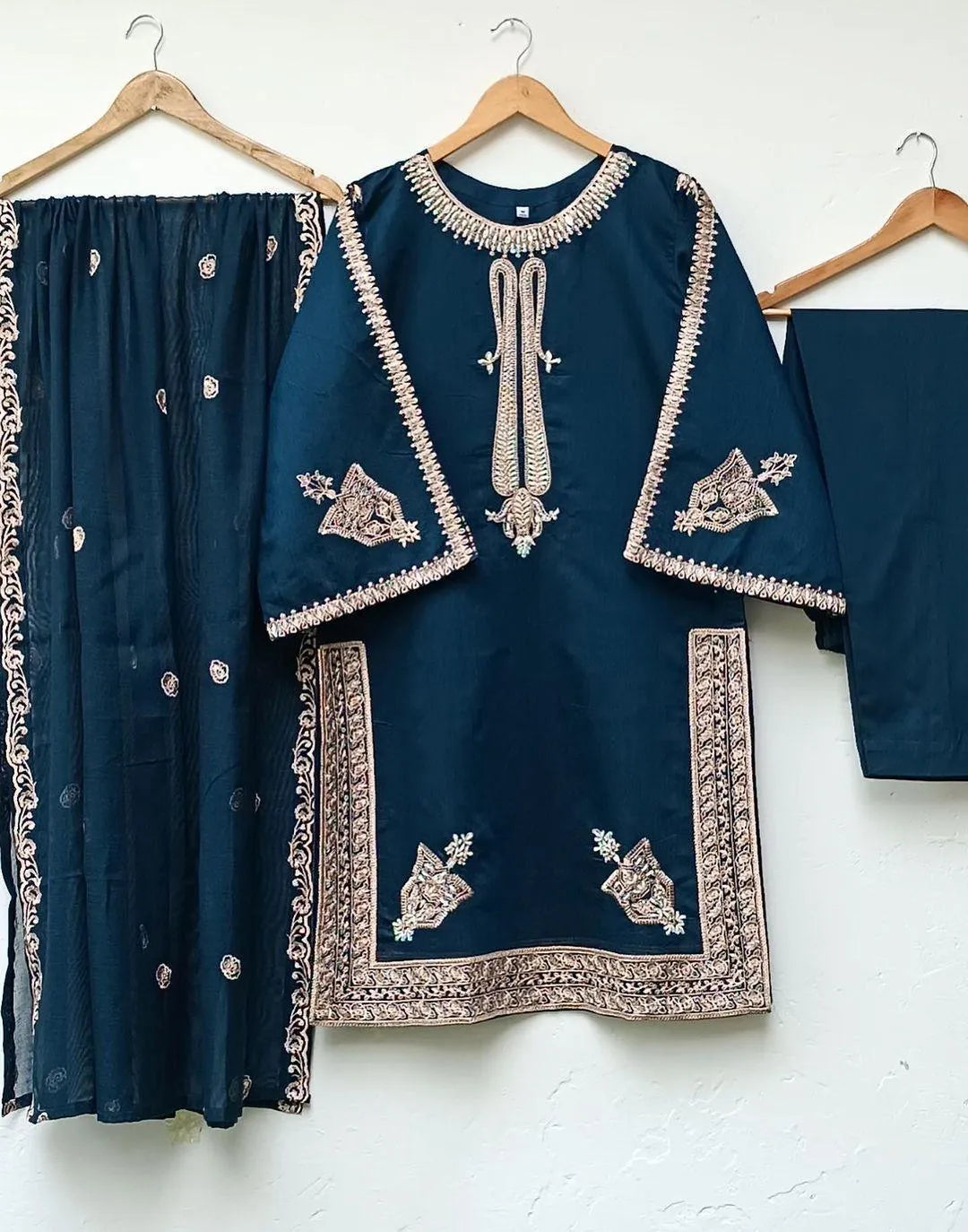Women's Stitched Silk Embroidered Suit - 3 Pcs in Black