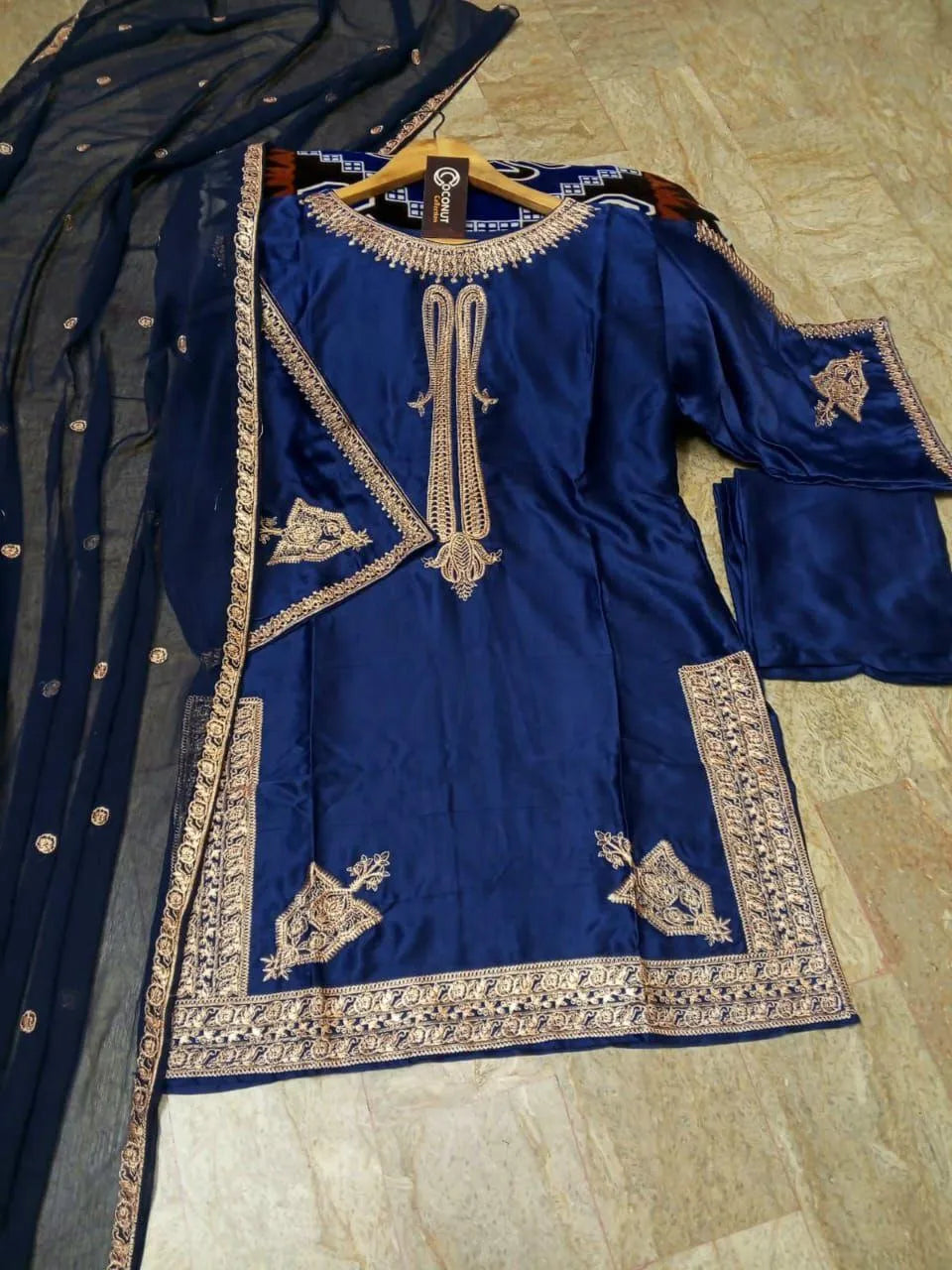 Women's Stitched Silk Embroidered Suit - 3 Pcs in Black