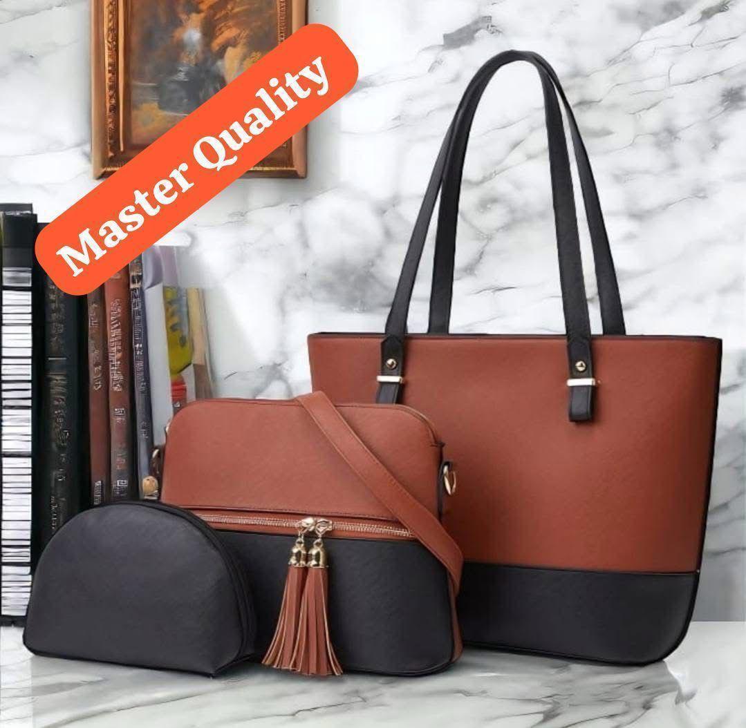 Stylish Girl's Black Rexine Hand Bag Set - 3 Pcs