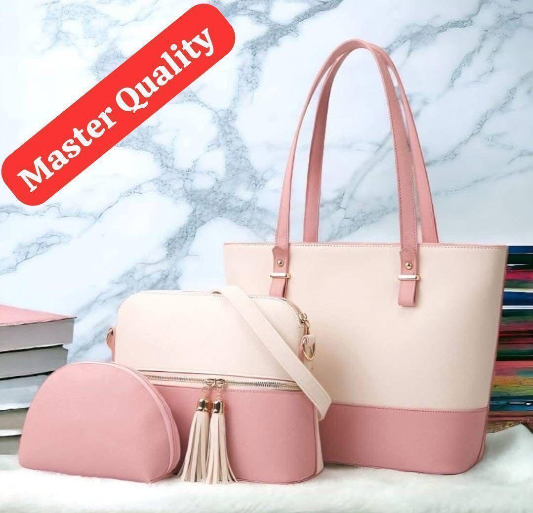 Stylish Girl's Black Rexine Hand Bag Set - 3 Pcs