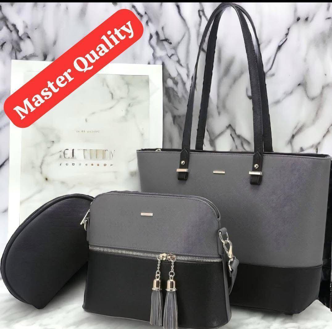 Stylish Girl's Black Rexine Hand Bag Set - 3 Pcs