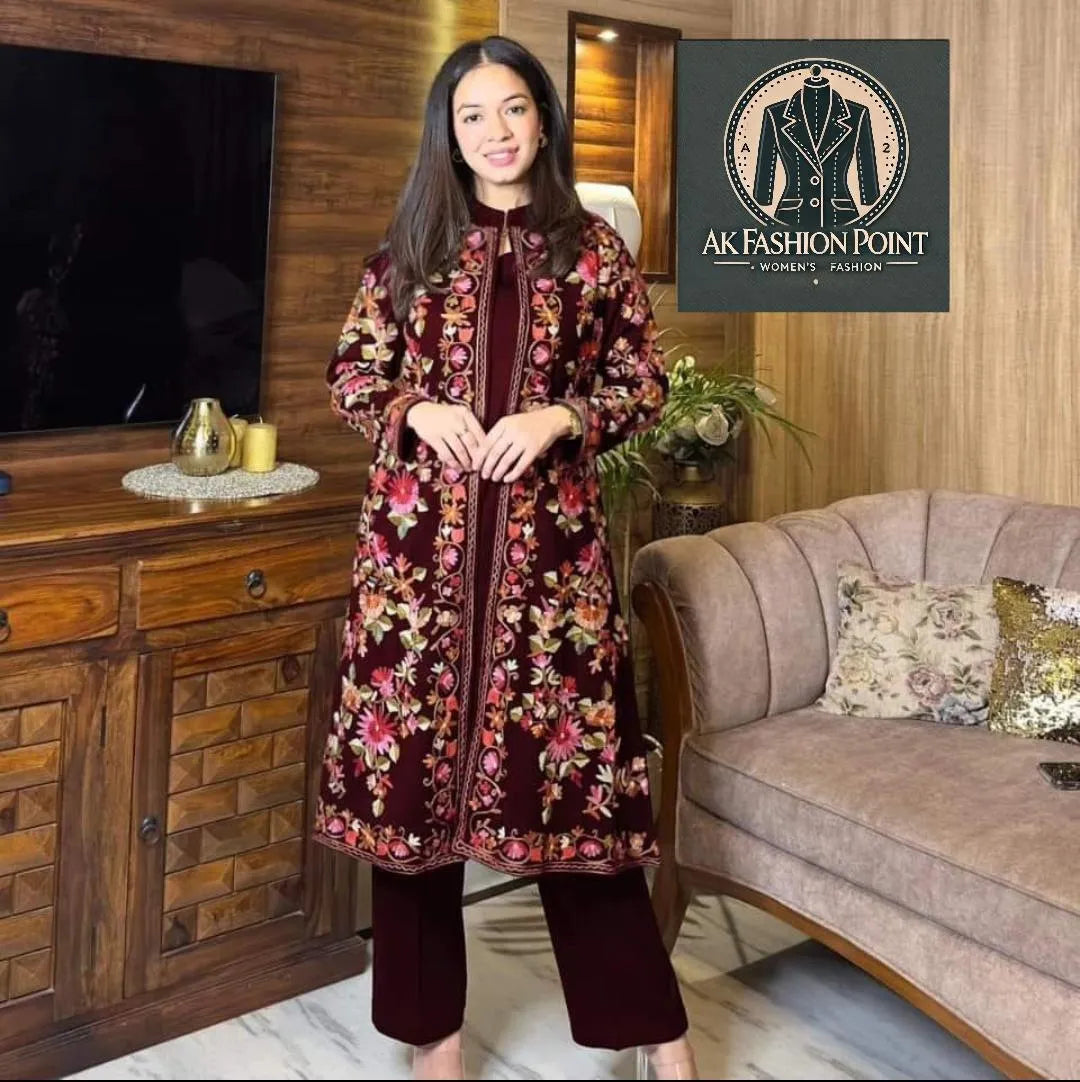 3 Pcs Women's Stitched Silk Embroidered Gown Suit