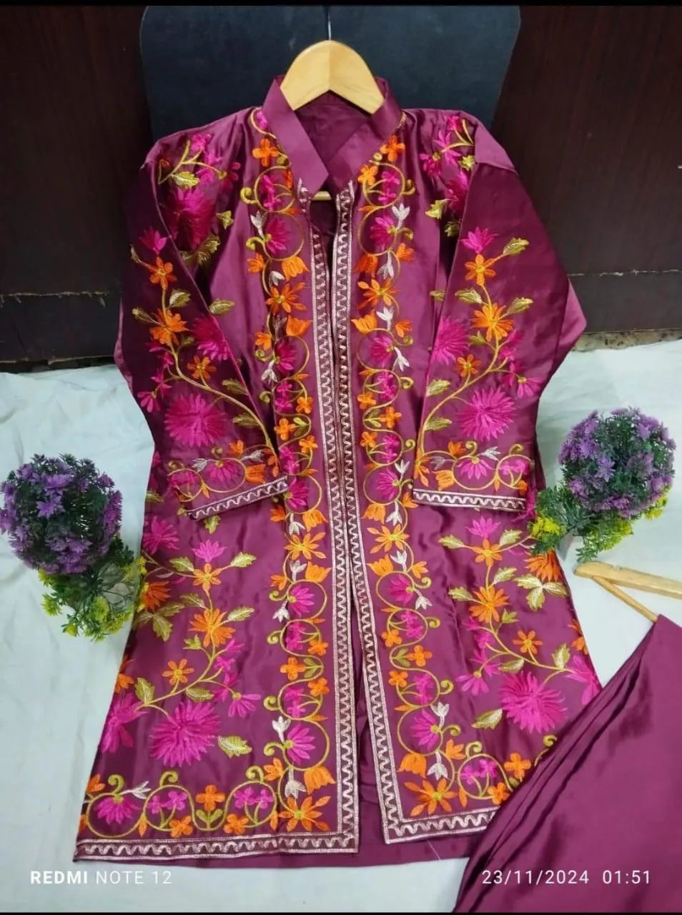 3 Pcs Women's Stitched Silk Embroidered Gown Suit