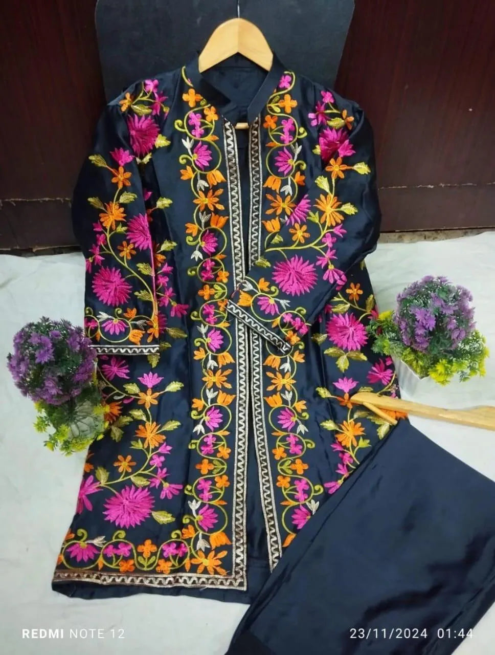 3 Pcs Women's Stitched Silk Embroidered Gown Suit