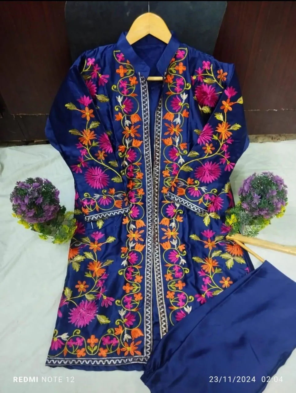 3 Pcs Women's Stitched Silk Embroidered Gown Suit