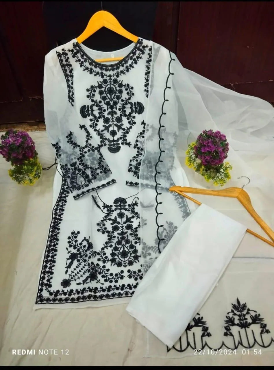 3 Pcs Women's Stitched Organza Embroidered Suit